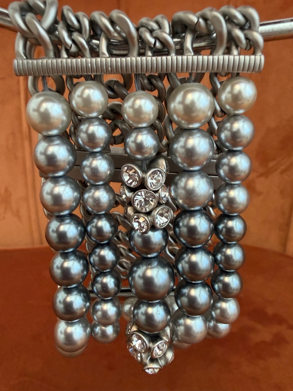 Vintage Givenchy Gray Pearl Curb Chain Wide Cuff Bracelet Magnetic Clasp